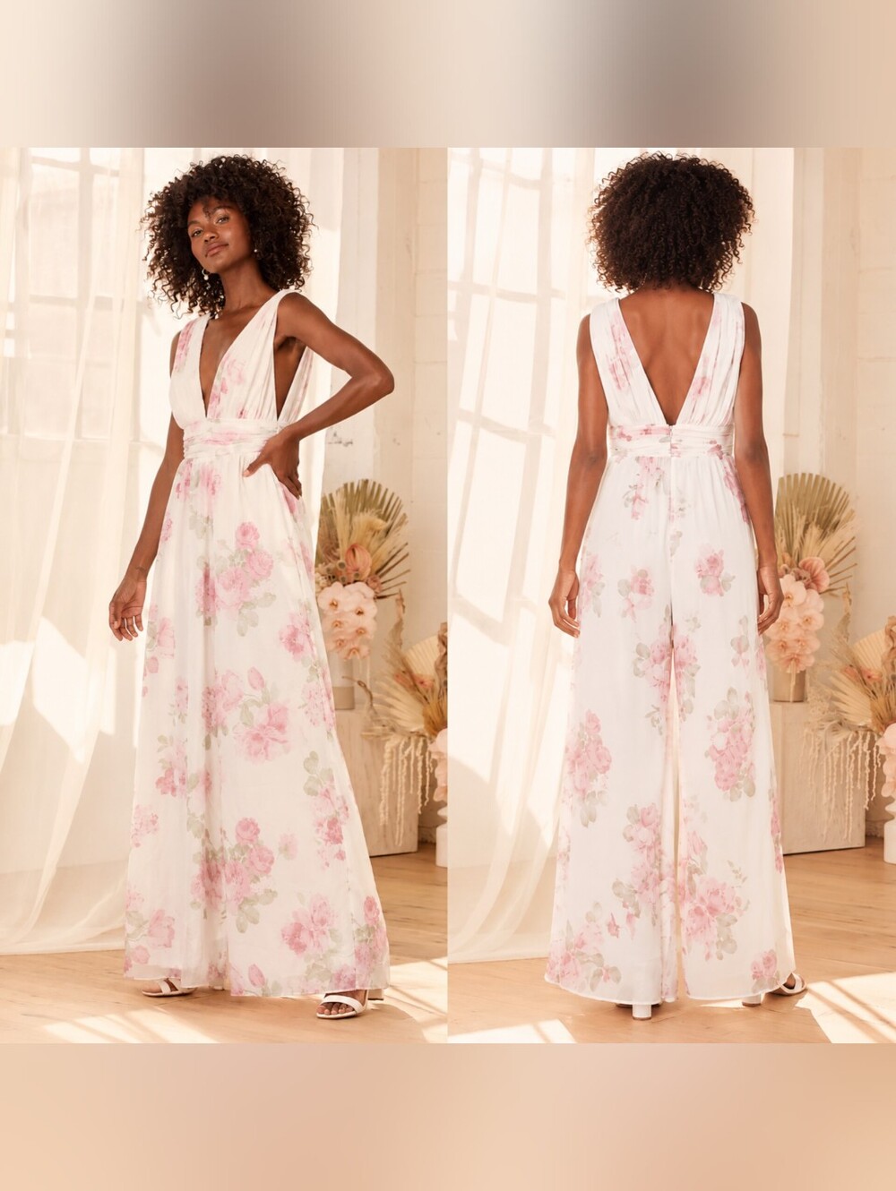 Lulus Divine Muse White Floral Wide-Leg Jumpsuit Wedding Party Formal Feminine
